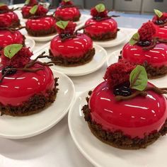 several desserts are arranged on white plates with green leaves and red flowers in the center