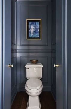 a white toilet sitting inside of a bathroom next to a wooden floor and blue walls