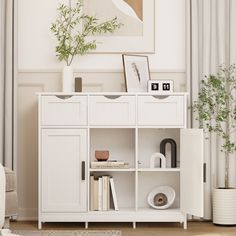 a living room with white furniture and plants on the sideboard in front of it