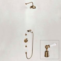 an image of a shower head and handset with gold fixtures in the bathroom setting