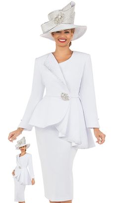 Giovanna G1183-WHT Ladies Church Suit Fitted Sets For Church In Spring, Elegant Long Sleeve Set For Wedding Guest, Elegant Purple Dresses, Mens Dress Coats, White Church Hats, First Lady Church Suits, Church Dresses For Women, Church Lady Hats, Church Suits And Hats