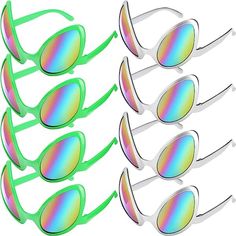 six pairs of sunglasses with different colors on the lens and one pair is green, blue,