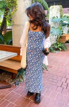 Blue Floral Dress Outfit Summer, Midi Casual Dress Outfit, Aesthetic Floral Dress Outfit, Floral Sundress Midi, Tie Strap Dress Outfit, Summer European Dresses, Midi Floral Dress Outfit, Sun Dresses Outfit, Long Casual Dresses Summer