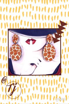 a woman's face with giraffe print on it and three cookies in front of her