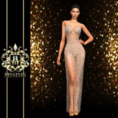 a woman in a dress on the runway with gold glitters behind her and an image of