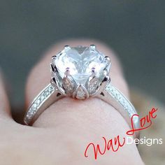 Lotus Flower Diamond & White Sapphire Engagement Ring | Etsy Flower-shaped Diamond White Ring With Center Stone, Luxury Flower-shaped Ring In Diamond White, Diamond White Flower-shaped Ring With Brilliant Cut, Exquisite 14k White Gold Sapphire Ring, Round Cut, Gemstone Solitaire Ring, White Sapphire Engagement Ring, Flower Engagement, Gem Diamonds, Sapphire Color