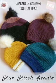 four knit beanies with pom poms on top and the words star stitch beanie written below