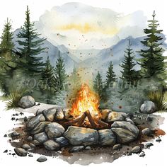 a watercolor painting of a campfire with rocks and pine trees in the background