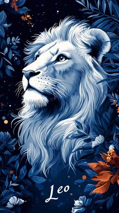 an image of a white lion surrounded by blue leaves and flowers with the word leo on it