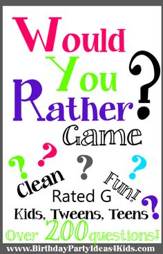 a birthday party poster with question marks on the front and back of it, which says would you rather rather?