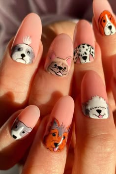 Nails Animals Designs, Dog Face Nail Art, Dog Design Nails, Puppy Nail Art, Dog Themed Nails, Nail Designs Animals, Animal Acrylic Nails, Dogs Nails Art, Nails Dog Design