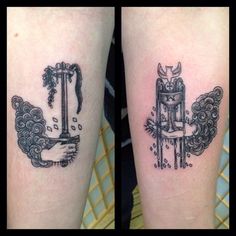 two tattoos on the legs of people