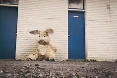 a stuffed animal sitting on the ground in front of a brick building with blue doors