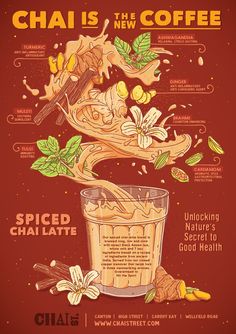 an advertisement for chai is the new coffee, with different flavors and ingredients in it