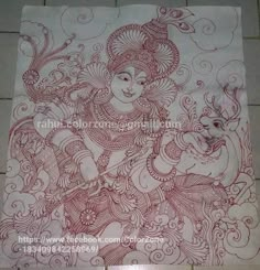 an intricately designed paper with a woman in red and white design on it's side