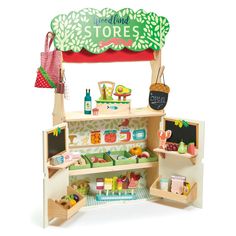 a wooden toy store with lots of items