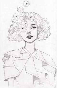 a drawing of a woman with flowers in her hair