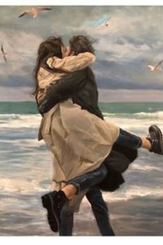 a painting of two people hugging on the beach