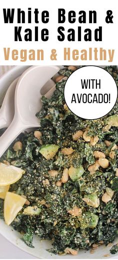 white bean and kale salad with avocado in a bowl