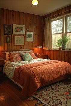 a bedroom with wood paneled walls and a bed in the middle, along with a rug on the floor