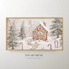 a christmas scene with a gingerbread house and candy canes