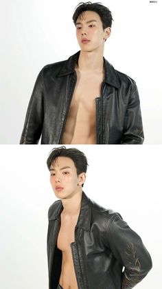 a man with no shirt wearing a leather jacket