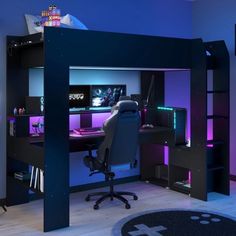 a black loft bed with purple lighting in the corner and desk on top of it