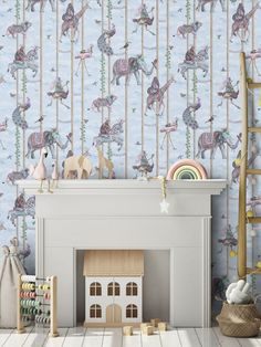 a child's room with a fireplace and wallpaper