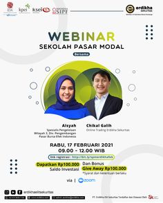 the flyer for webinar sekolah pasar modal with two people