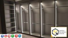 an empty walk - in closet with several shelves and lights on the doors, all lit up