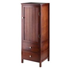 a tall wooden cabinet with drawers on one side and an open drawer on the other