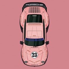 a pink porsche sports car with the number 29 on it's side, from above