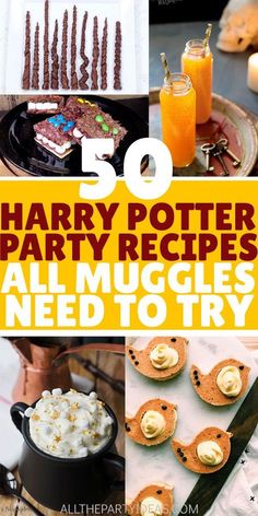 harry potter party food and desserts are featured in this collage