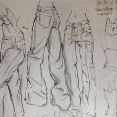 three sketches of men's pants and shoes