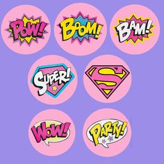 six stickers with the words pow, boom, wow and super - man on them