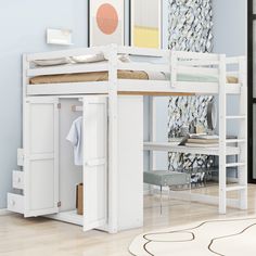 a white bunk bed sitting next to a desk and chair on top of a hard wood floor