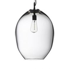 a clear glass light bulb hanging from a black cord