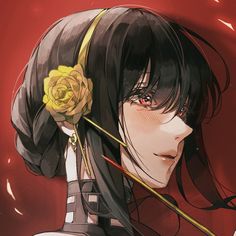 an anime character with long black hair and a yellow rose in her hair is staring at the camera