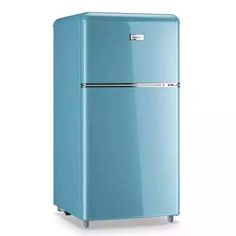 a blue refrigerator freezer sitting on top of a white floor