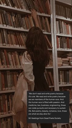 a woman leaning on a book shelf in front of a bookshelf filled with books