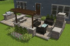 an outdoor patio with seating and grill area