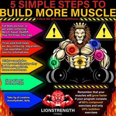 the 5 simple steps to build more muscles poster is shown in red, yellow and blue