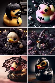 four different pictures of birds in halloween costumes