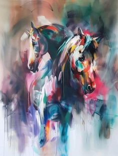 an abstract painting of two horses running