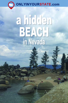 the beach with people on it and text overlay that reads, a hidden beach in nevada