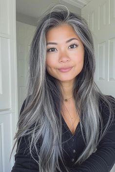 Stunning Salt and Pepper Hair Inspo for Women of All Ages - Flo's Blog Blending Grey Hair With Brown, Blending Brown And Grey Hair, Ash Blonde Gray Hair Color Ideas, Thinning Hair Styles For Women Balding, Grey Hair Blending Brunette, Blending Grey Hair With Dark Hair, Brunette To Gray Hair Transition, Highlights To Blend Gray Hair Brunettes, Blending Gray Hair Brunettes