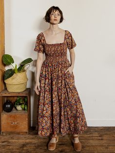 Teddy Midi Dress Ruby Floral Pretty Sleeves, Farm Clothes, Fair Trade Clothing, Weekend Dresses, Ethical Fashion Brands, Maxi Dress Cotton, Block Printing Fabric, Mod Dress, Fall Style