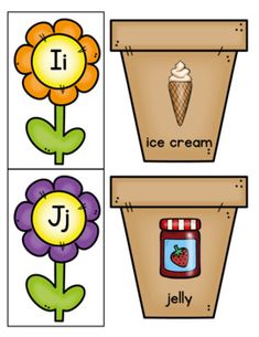 four flower boxes with ice cream, jelly and flowers in them to spell the letter j