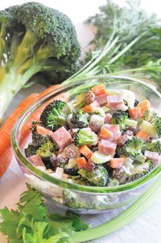 broccoli, carrots and ham in a glass bowl