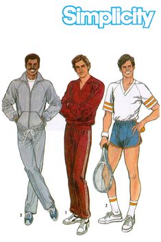 MEN'S PULL-ON PANTS AND SHORTS, PULLOVER TOP AND UNLINED JACKET ... A TIME-SAVER' STRETCH-KNIT PATTERN: Pants V. 1 and 3 and shorts V. 2 and 4 have elasticized waistline. V. 1 and 3 have optional elastic leg casings. V. 2 and 4 are encased in bias tape. Raglan sleeved top V. 1 and 2 has V-neck band. Long sleeved V. 1 has sleeve and lower bands. Short sleeved V. 2 has contrasting bias tape trim. Jacket V. 3 and 4 with front zipper has long raglan sleeves with elastic wrist casings, kangaroo pocke Jogging Sweat, Sewing Pattern Pieces, Running Suit, Men Sportswear, Pattern Pants, Mens Raglan, Sweat Suit, Suit Pattern, Jacket Pattern Sewing